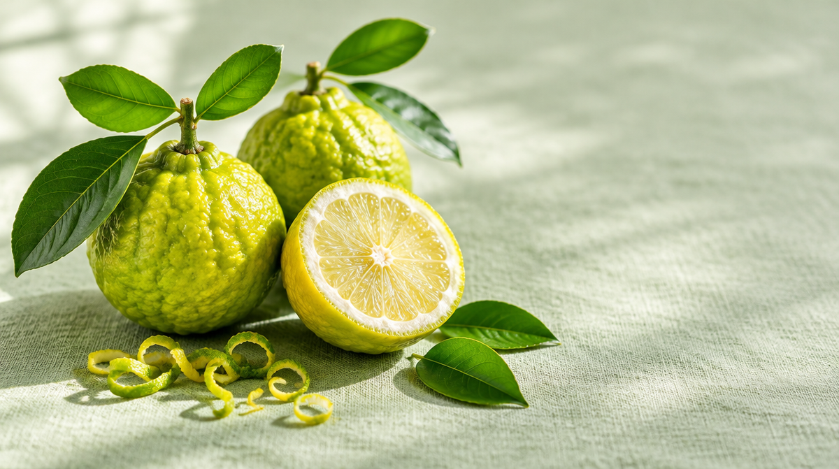 Fresh bergamot citrus fruits with leaves, one cut in half, on a light green linen surface