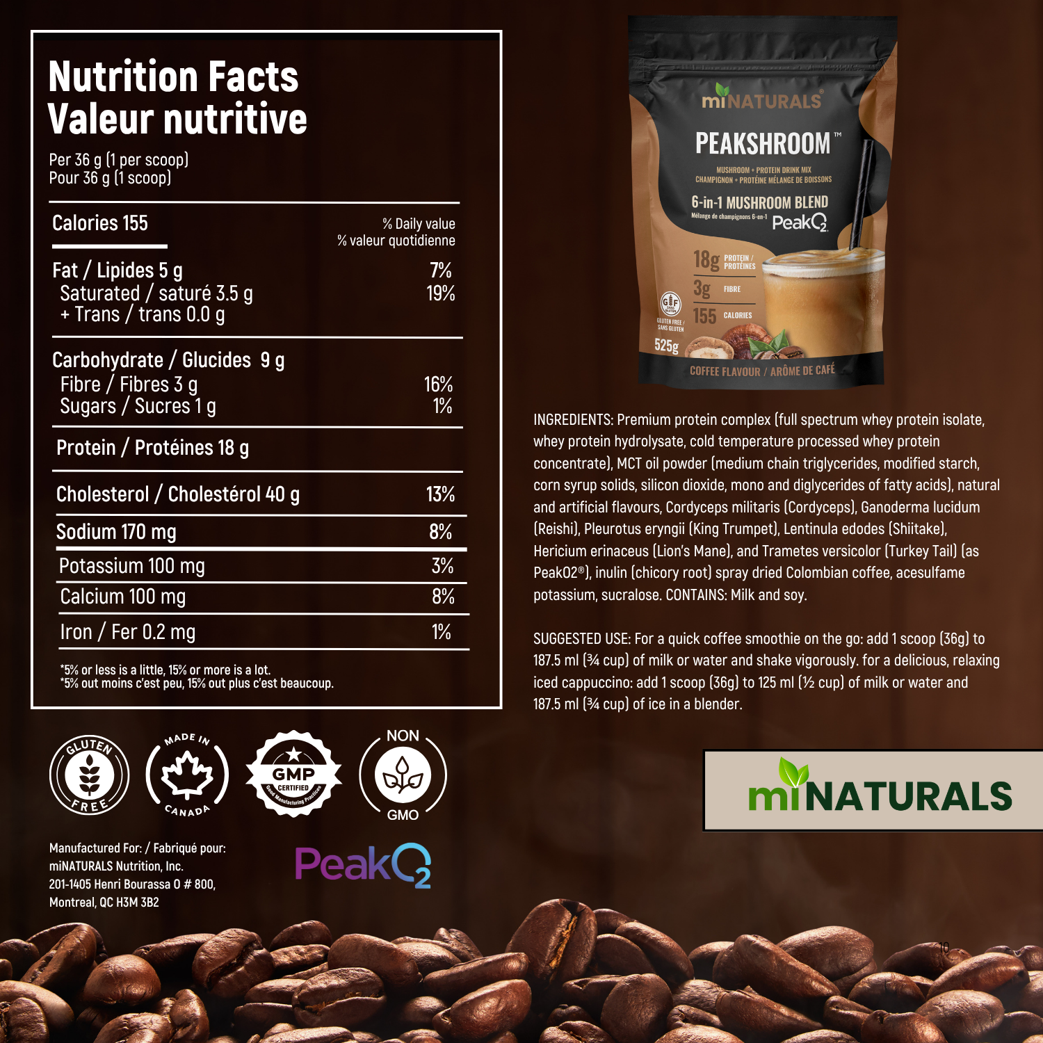 Peakshroom Mushroom, Protein, Coffee, Fibre Drink Mix