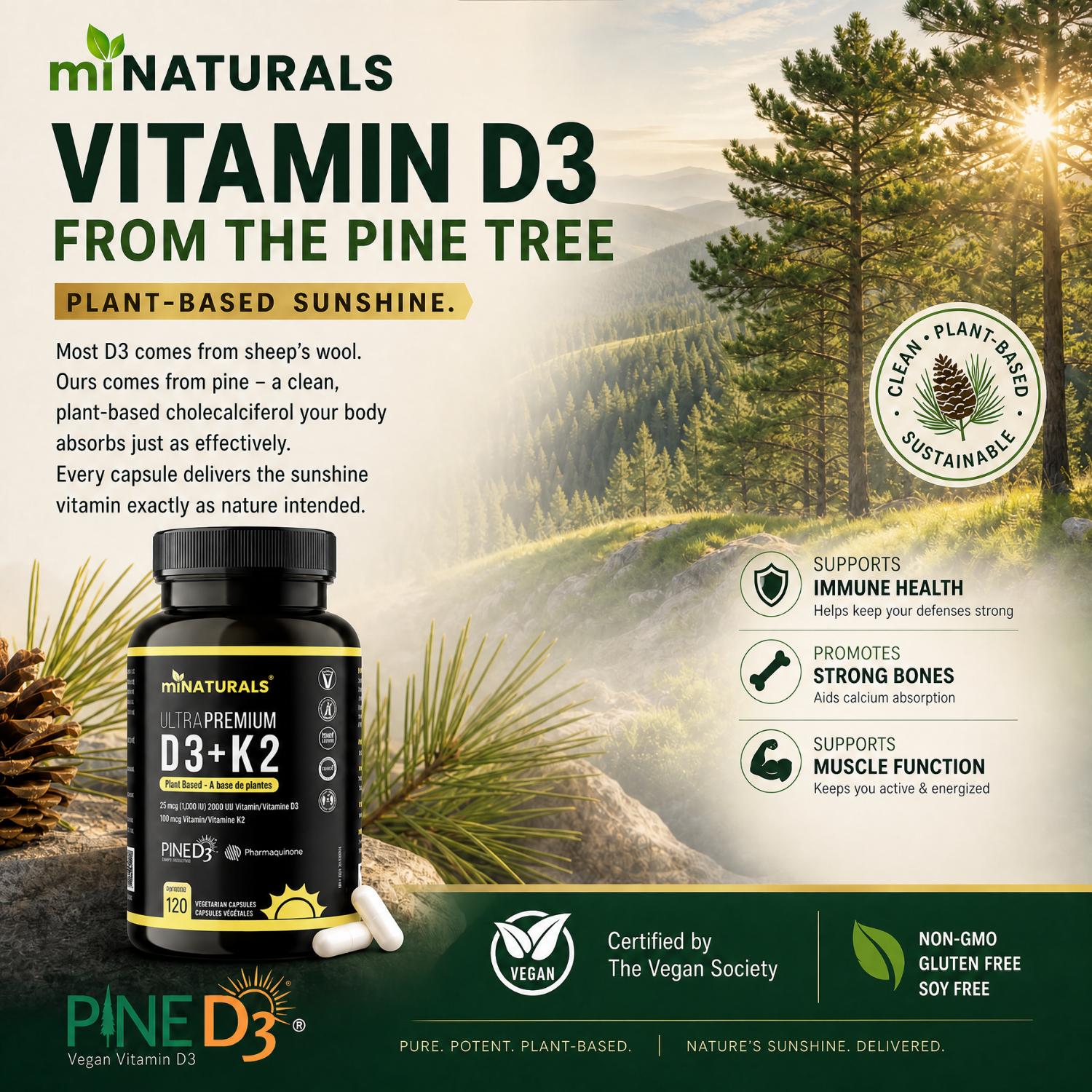 Ultra Premium Plant-Based Vitamin D3 + K2 with Pine D3 and Pharmaquinone K2