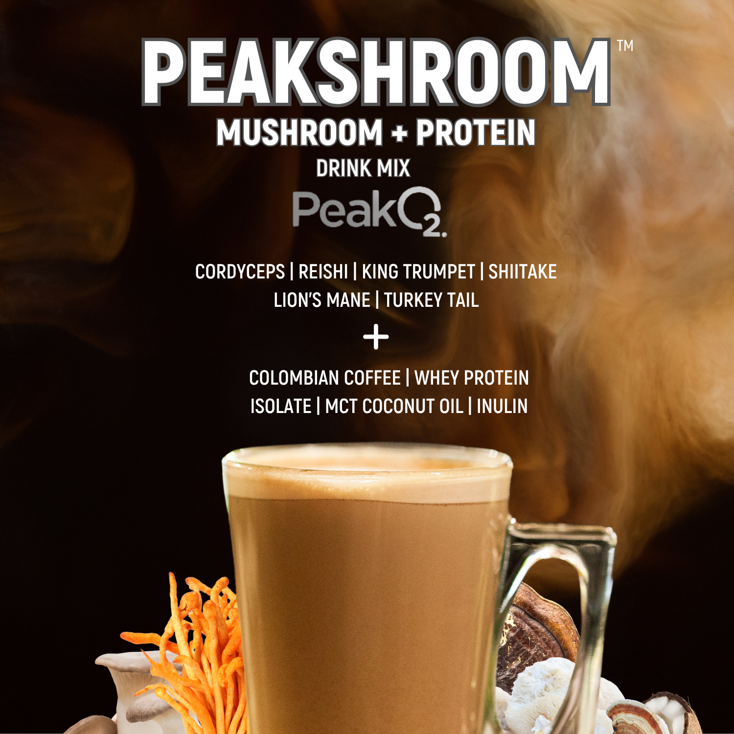 Peakshroom Mushroom, Protein, Coffee, Fibre Drink Mix