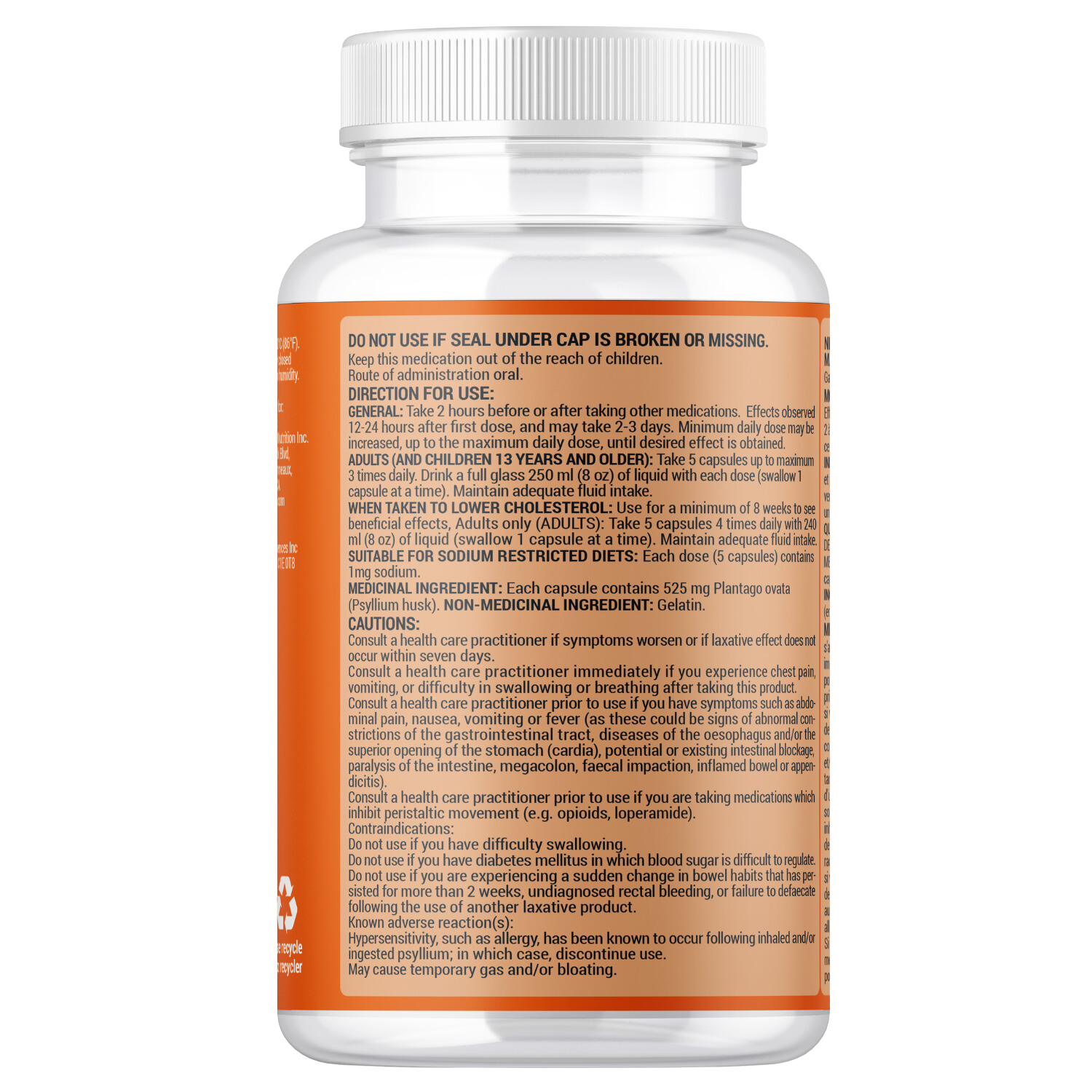 Capsules de fibres de cosse de psyllium - 525 mg par capsule - 300 capsules