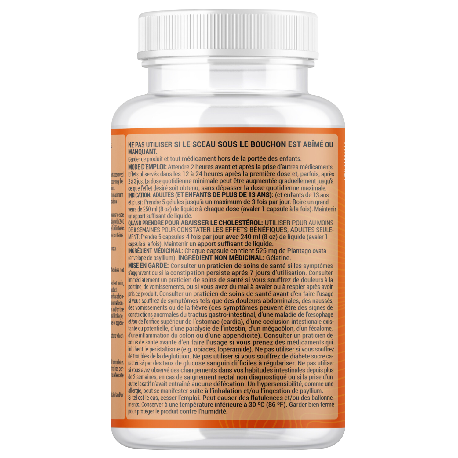 Capsules de fibres de cosse de psyllium - 525 mg par capsule - 300 capsules