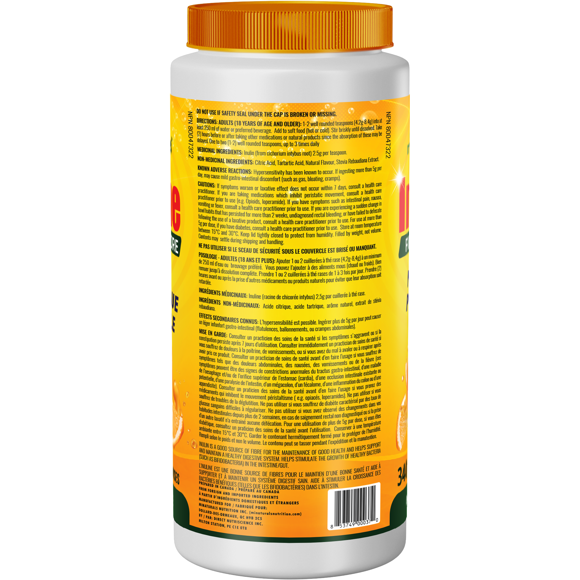 Pure Inulin Fiber Powder - Natural Prebiotic Fibre Supplement (340g - 81 Doses) - Orange Flavoured