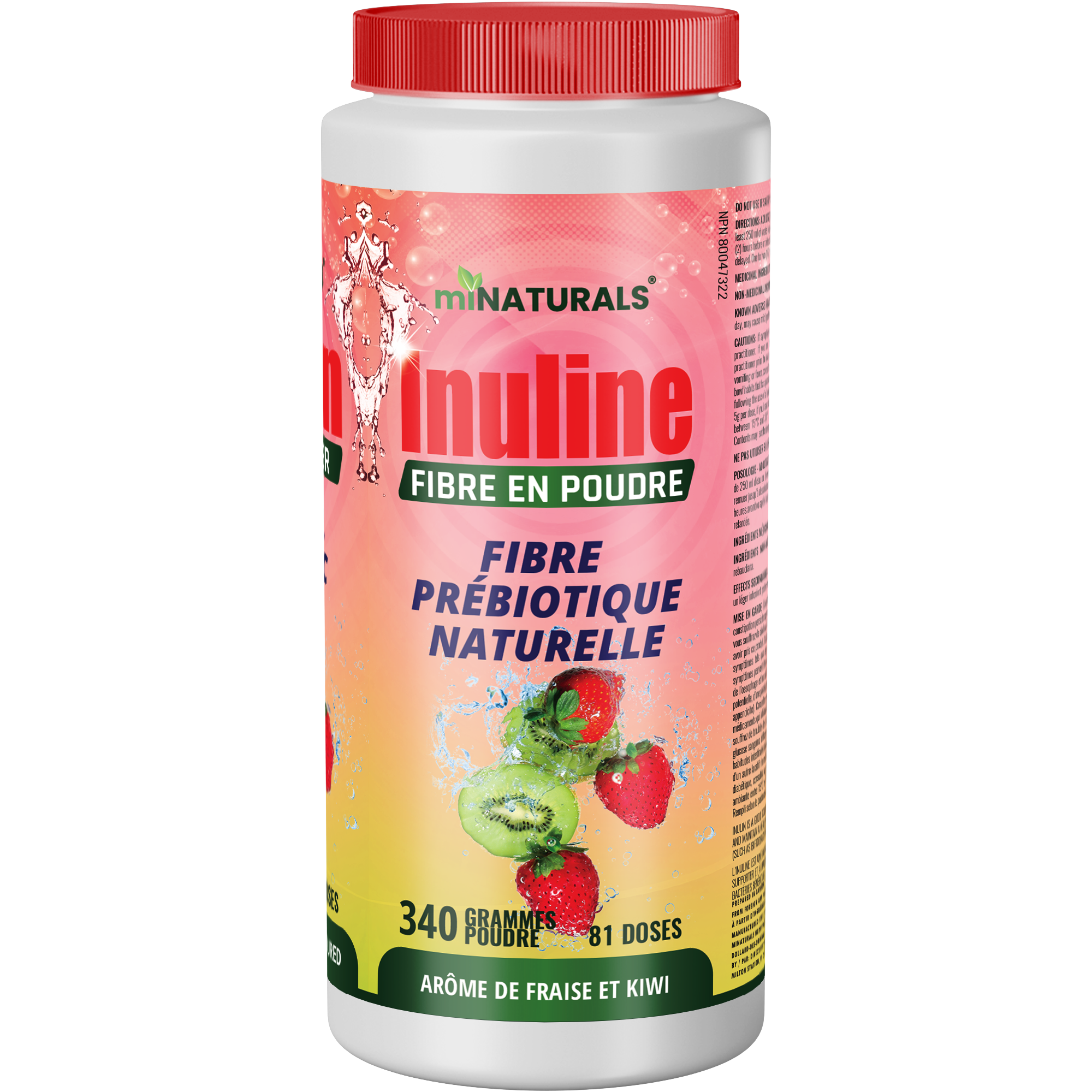 Pure Inulin Fiber Powder - Natural Prebiotic Fibre Supplement (340g - 106 Doses) - Strawberry/Kiwi Flavoured