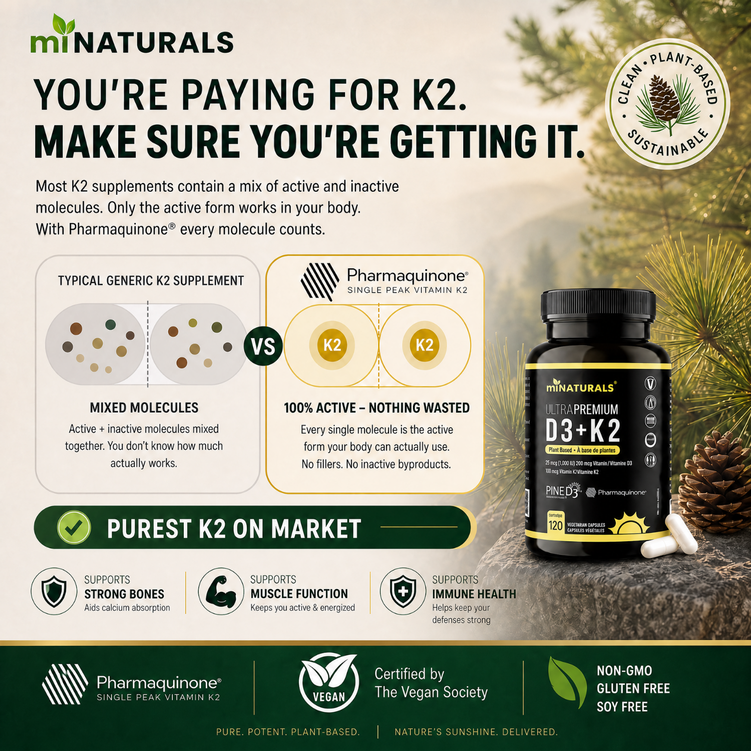 Vitamine D3 + K2 végétale Ultra Premium avec D3 de pin et K2 Pharmaquinone