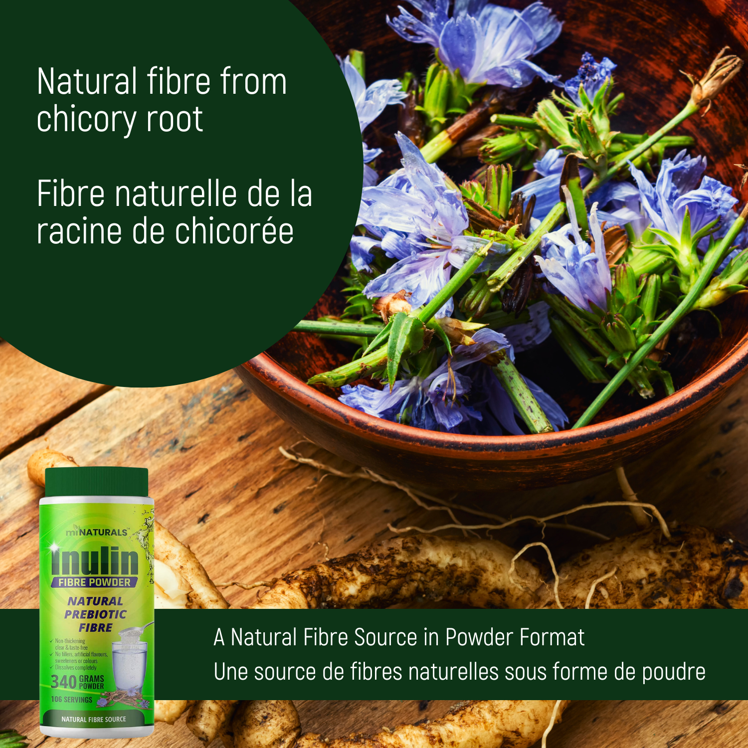 Poudre de fibres d'inuline pure - Supplément de fibres prébiotiques naturelles (340 g - 106 doses)