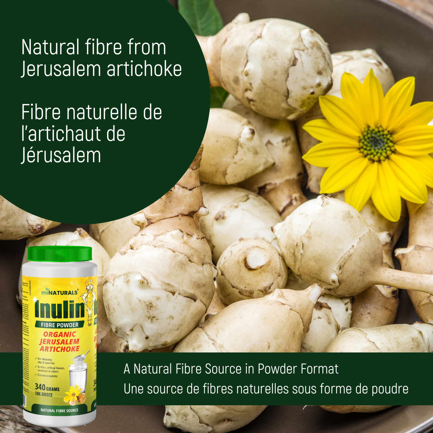 Pure Inulin Fiber Powder  - Natural Prebiotic Fibre Supplement - Made from Organic Jerusalem Artichoke - (340g - 106 Doses)