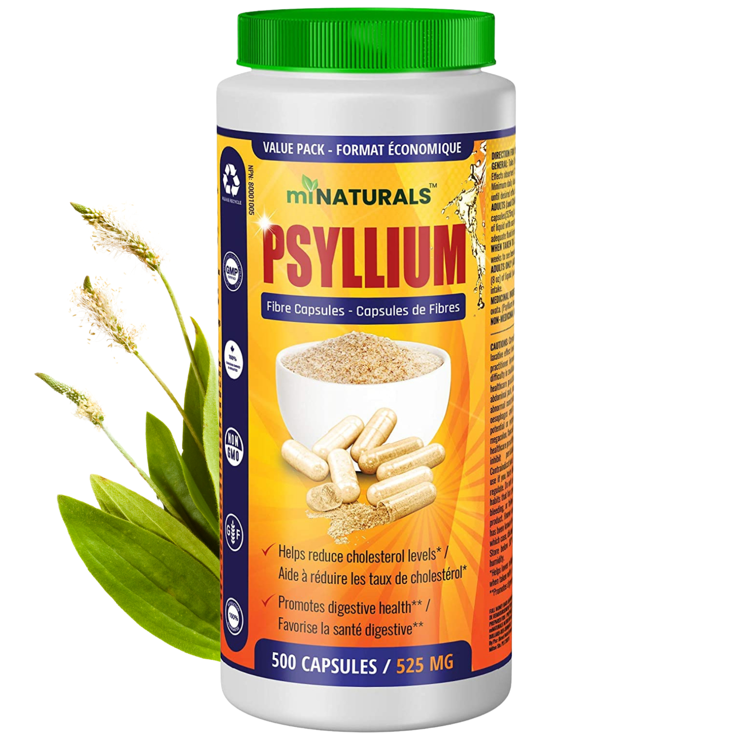 Supplément de capsules de fibres de cosse de psyllium 500 capsules (525 mg ea) - Pack économique