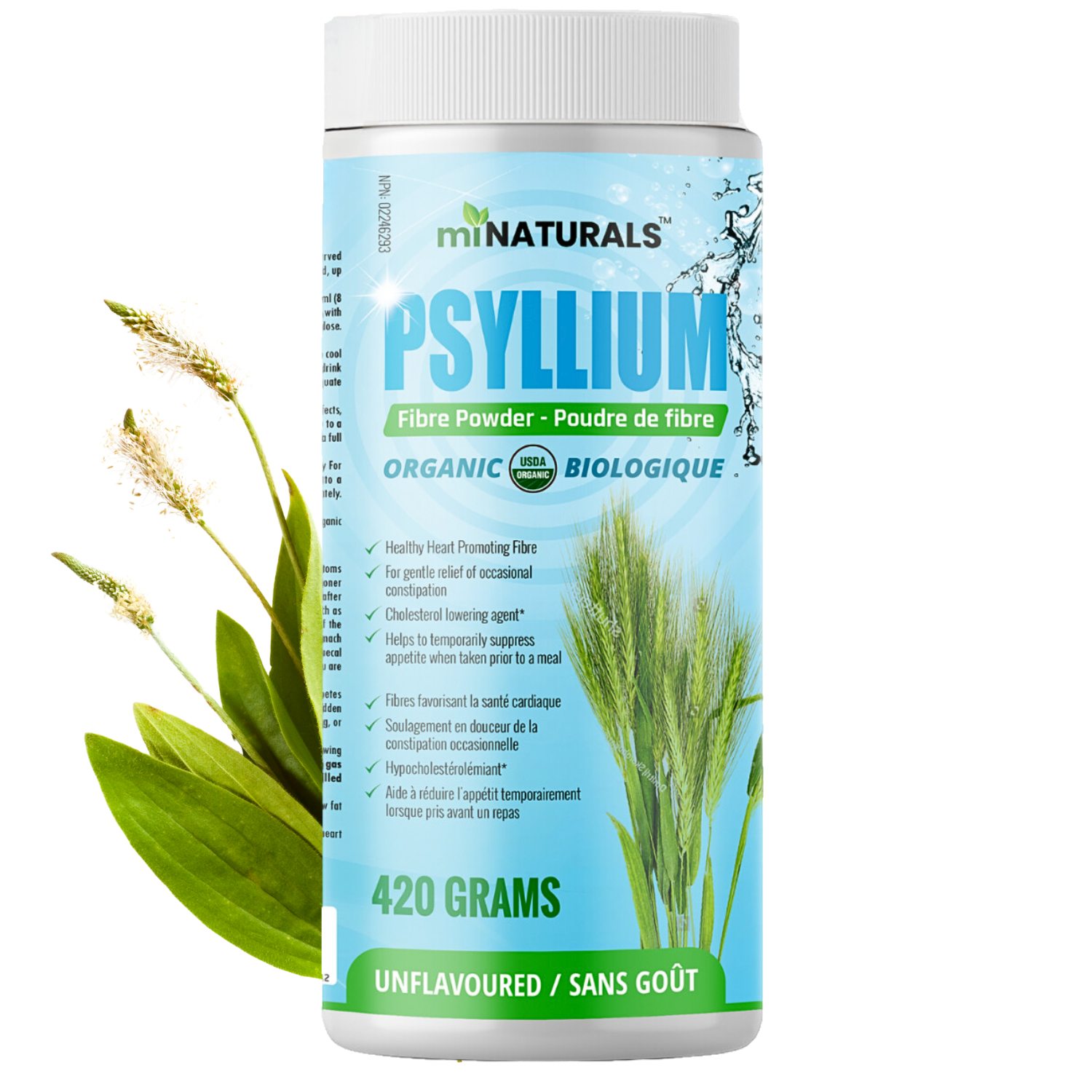 Poudre de cosse de psyllium biologique sans saveur certifiée USDA (420 g - 60 doses)