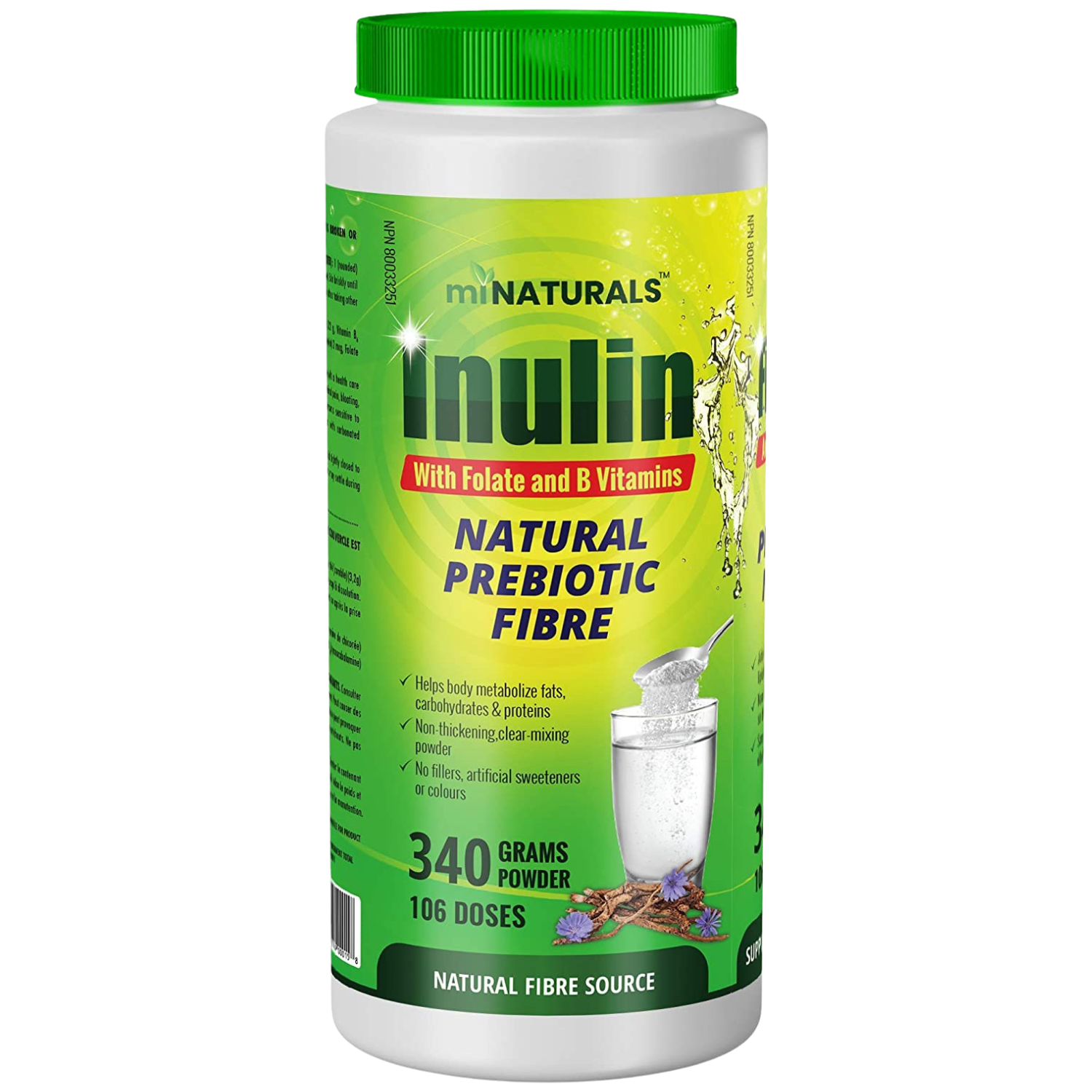 Poudre de fibres d'inuline pure avec folate et vitamines B (340 g - 106 doses)