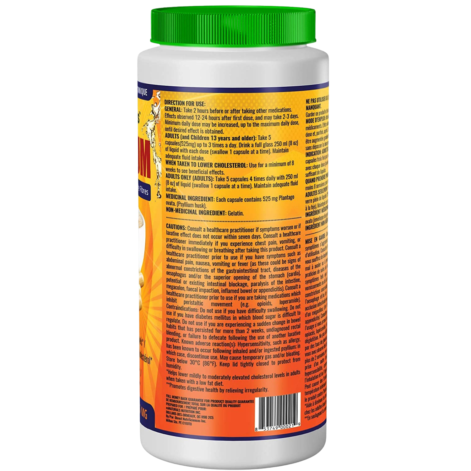 Supplément de capsules de fibres de cosse de psyllium 500 capsules (525 mg ea) - Pack économique