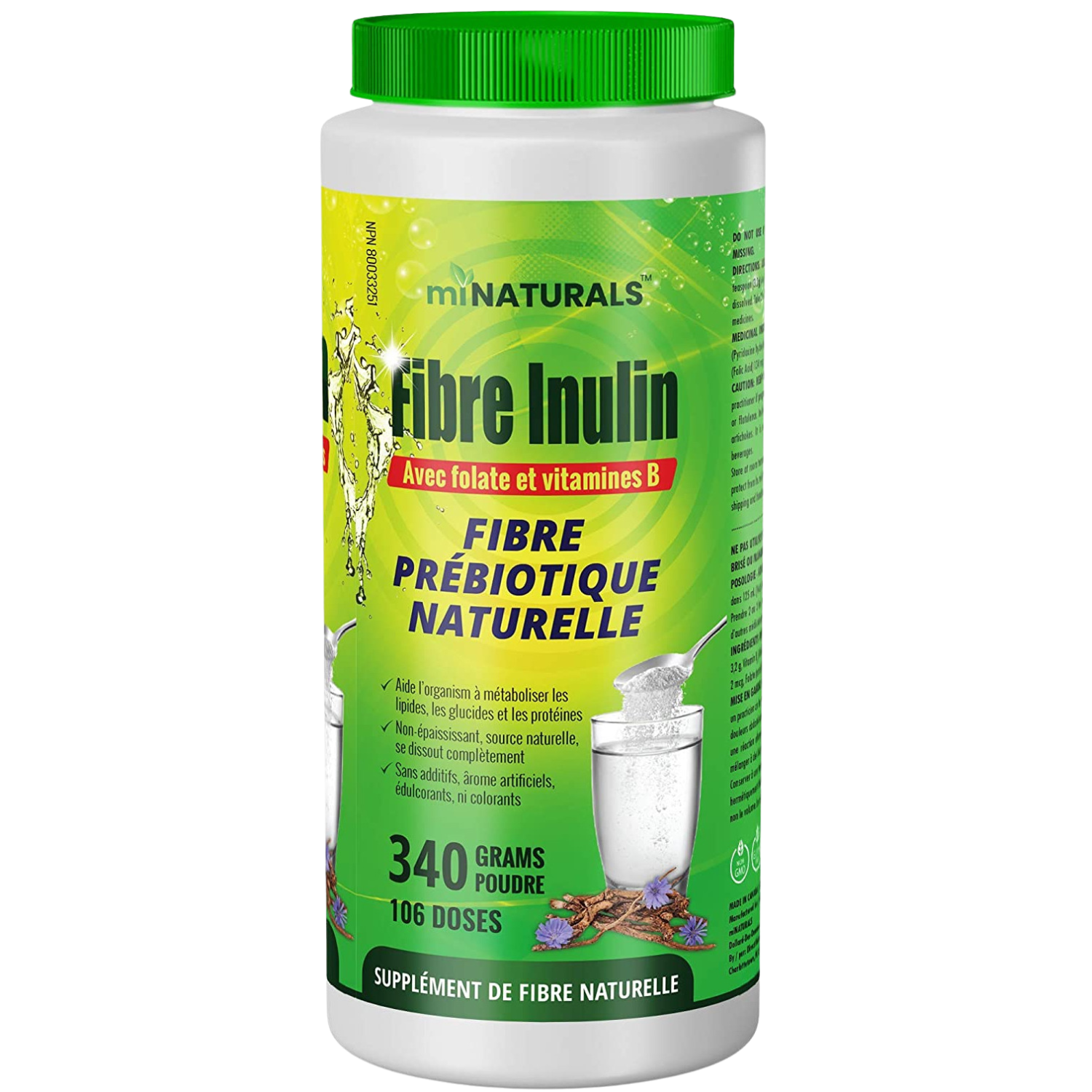 Poudre de fibres d'inuline pure avec folate et vitamines B (340 g - 106 doses)