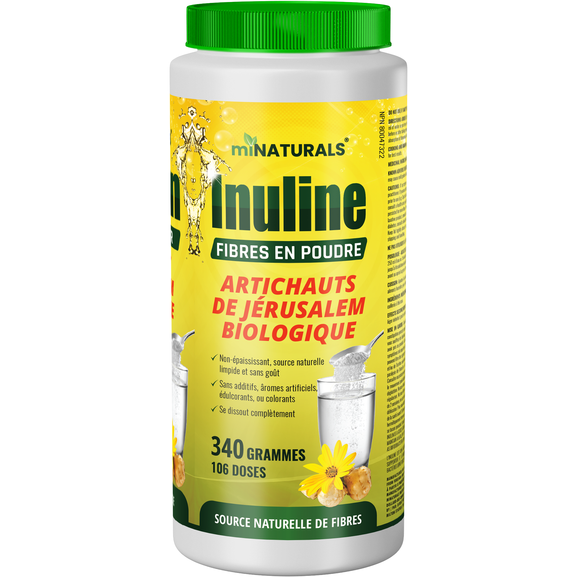 Poudre de fibres d'inuline pure - Supplément de fibres prébiotiques naturelles - À base de topinambour biologique - (340 g - 106 doses)
