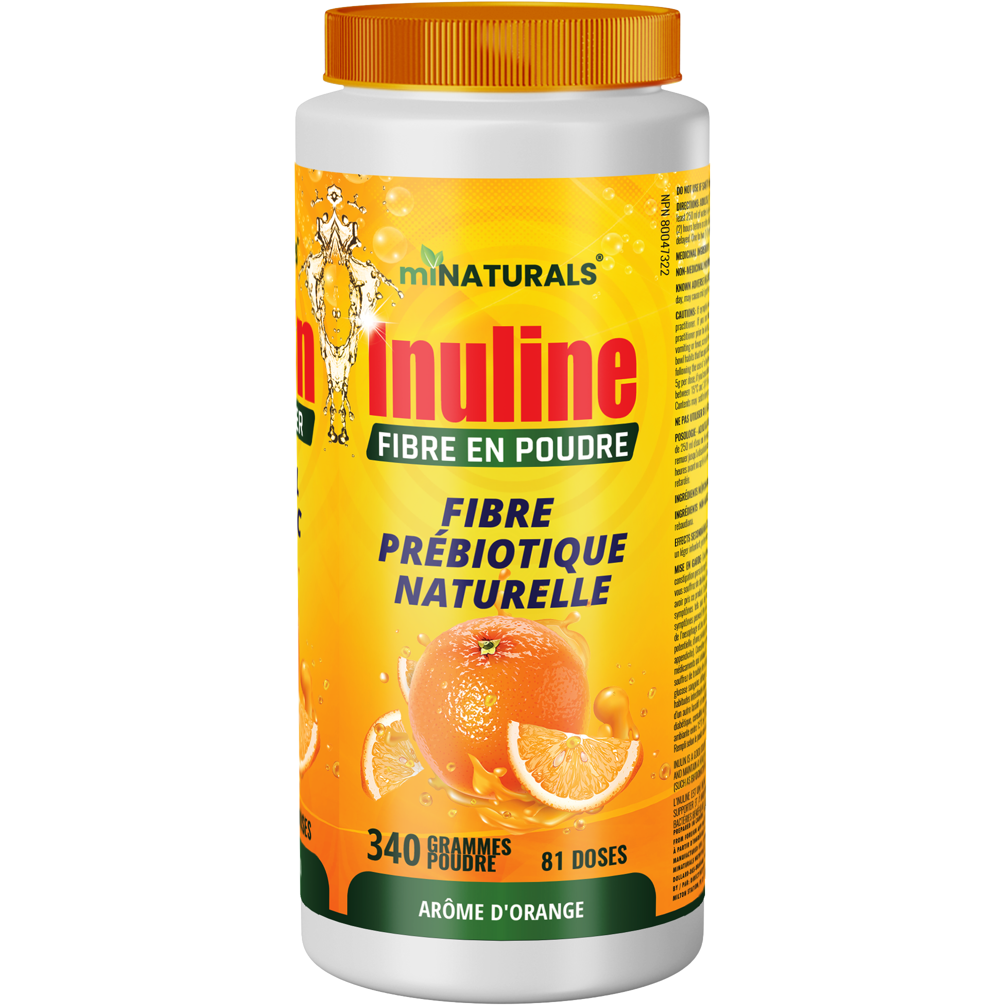 Pure Inulin Fiber Powder - Natural Prebiotic Fibre Supplement (340g - 81 Doses) - Orange Flavoured