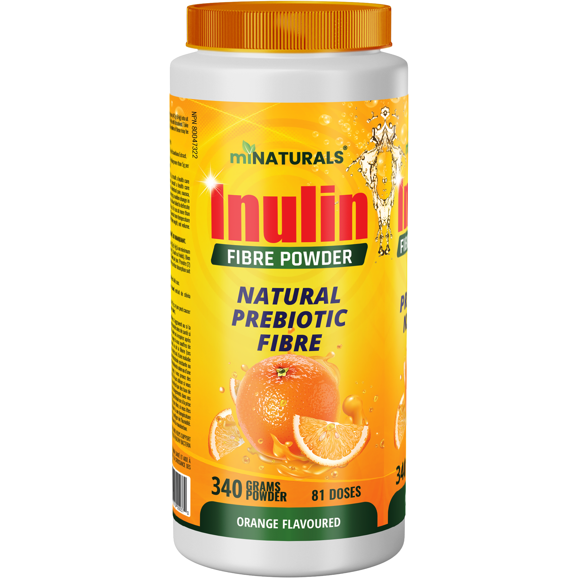 Poudre de fibres d'inuline pure - Supplément de fibres prébiotiques naturelles (340 g - 81 doses) - Arôme orange