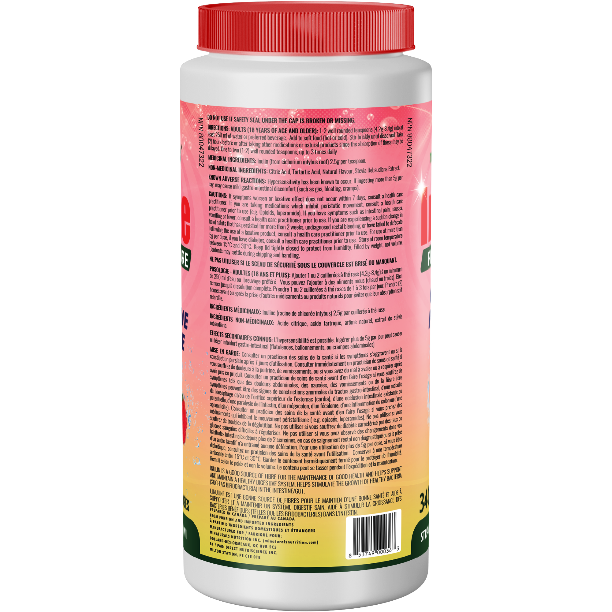Poudre de fibres d'inuline pure - Supplément de fibres prébiotiques naturelles (340 g - 106 doses) - Arôme fraise/kiwi