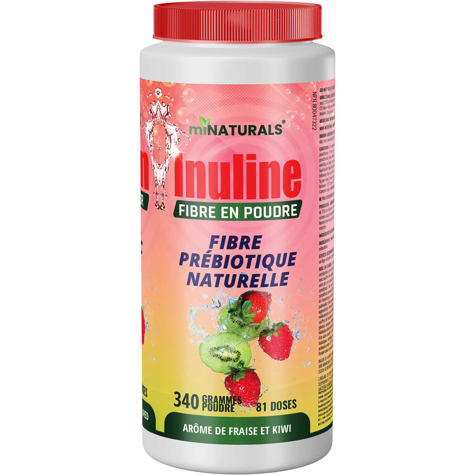 Poudre de fibres d'inuline pure - Supplément de fibres prébiotiques naturelles (340 g - 106 doses) - Arôme fraise/kiwi